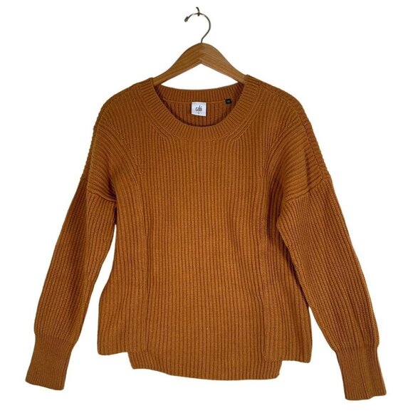 Cabi Womens Size S Gold Shaker Rib Knit Top Cropped Crewneck Step Hemline L/S - Picture 1 of 8